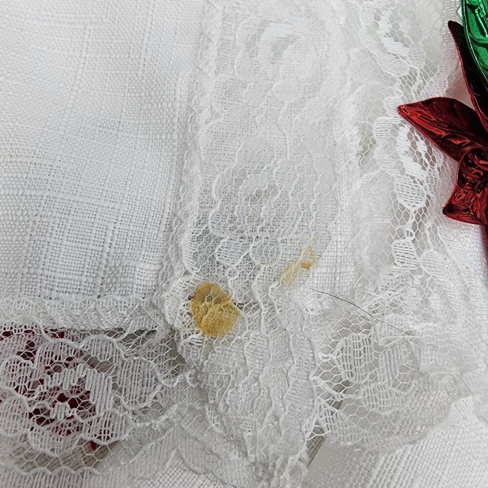 Vintage Christmas Linen Napkins Set o 6 Metal Rings Lace Cross Stitch Poinsettia - Picture 14 of 15